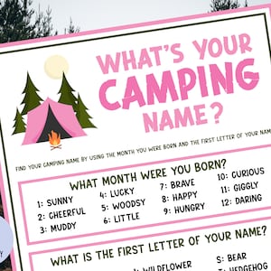 What&#39;s Your Camping Name Game with Name Tags & Sign | Camping Party Game | Glamping | Camping Birthday Game | Camp Icebreaker | Printable
