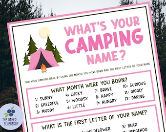 What's Your Camping Name Game with Name Tags & Sign | Camping Party Game | Glamping | Camping Birthday Game | Camp Icebreaker | Printable