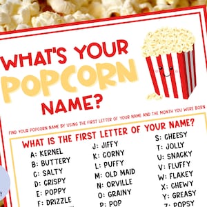What s Your Popcorn Name Game With Name Tags Sign Popcorn Party