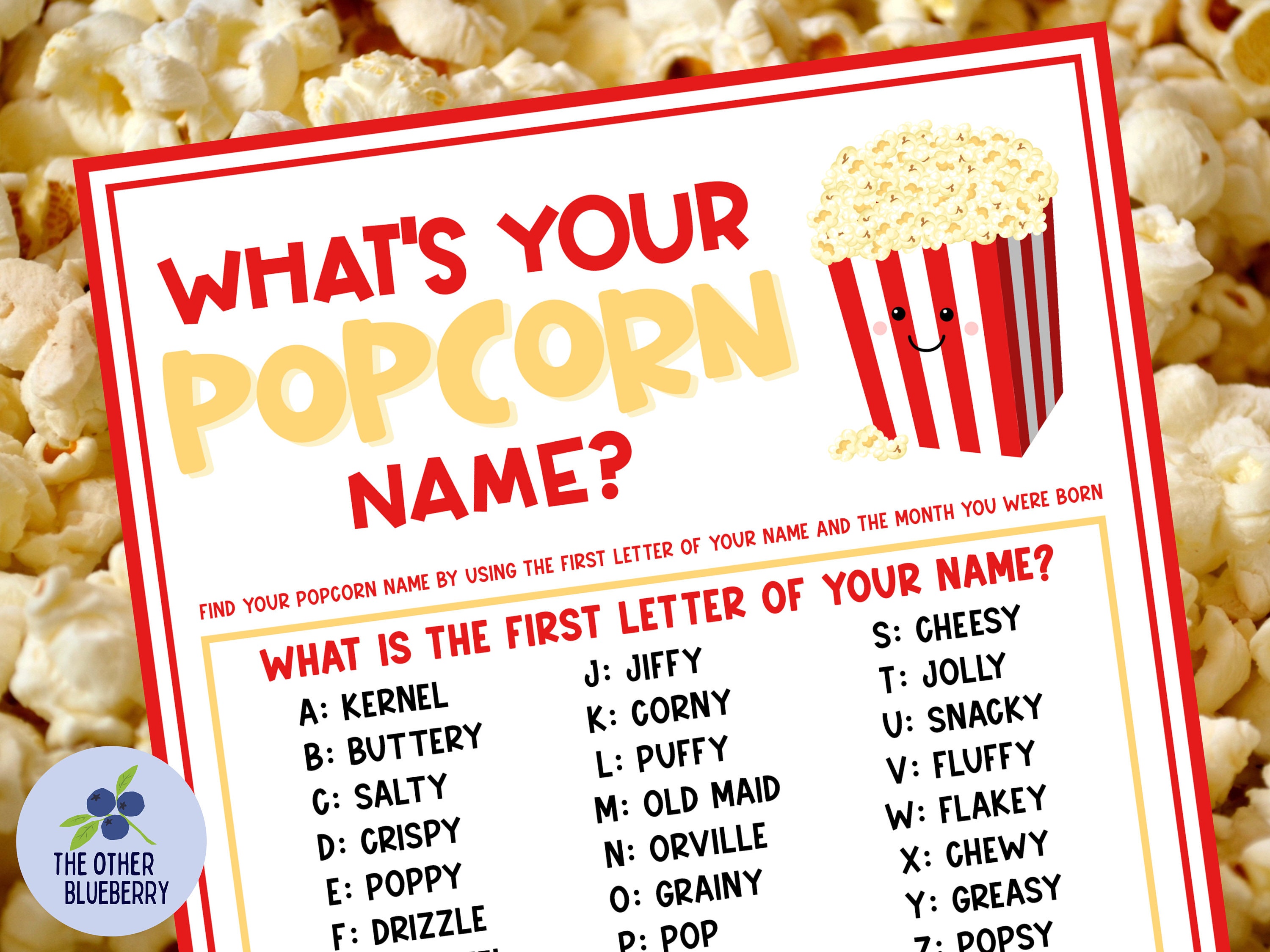 What's Your Popcorn Name Game With Name Tags & Sign Etsy