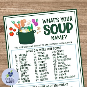 Naamspel What&#39;s Your Soup met naamplaatjes en bord | Soepfeestspel | Super Bowl | Soepavond | Soepspel | Soepwedstrijd | Afdrukbare soep