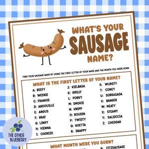 May include: A whimsical poster with the text "What's Your Sausage Name?" features a cartoon sausage character. The poster includes lists for determining a sausage name based on the first letter of your name and birth month. The Other Blueberry logo is in the bottom left.