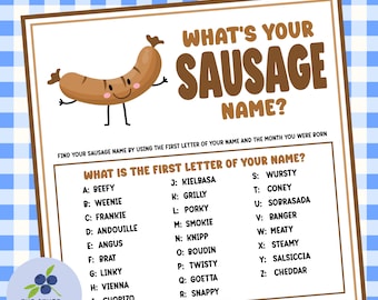 May include: A whimsical poster with the text "What's Your Sausage Name?" features a cartoon sausage character. The poster includes lists for determining a sausage name based on the first letter of your name and birth month. The Other Blueberry logo is in the bottom left.