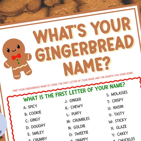 What's Your Gingerbread Name Game with Nametags & Sign | Gingerbread Party Game | Gingerbread Decorating Party Activity |  Printable