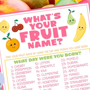 What&#39;s Your Fruit Name Game with Name Tags & Sign | Tutti Fruitti Party Game | Twotti Cutie Birthday Party Activity | Tutti Frutti Printable
