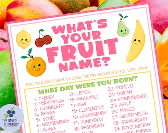 What's Your Fruit Name Game with Name Tags & Sign | Tutti Fruitti Party Game | Twotti Cutie Birthday Party Activity | Tutti Frutti Printable
