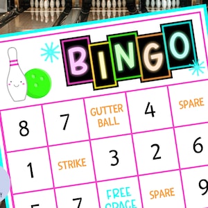 Bowlingbingo | 20 bingokaarten | Cosmic Bowling Verjaardagsfeestje | Bowlingavond | Bowlingspel | Neon Bowling-feestactiviteit | Afdrukbaar