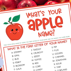 What&#39;s Your Apple Name with Name Tags & Sign | Apple Party Game | Apple of My Eye | Classroom Game | Back to School Activity | Printable