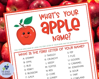 Wat is je appelnaam met naamplaatjes en bord | Apple-partygame | Oogappel | Klasspel | Terug naar school-activiteit | Afdrukbaar