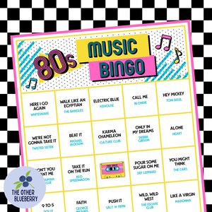 May include: A colorful 80s-themed music bingo game card with a black and white checkered background. The card features song titles and artist names, with the words "Music Bingo" prominently displayed. The design includes musical notes and a retro cassette tape.