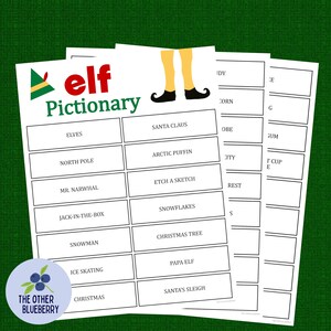 May include: A printable Elf Pictionary game with a list of Christmas-themed words and a drawing space for each word. The words include "Santa Claus", "Elves", "North Pole", "Arctic Puffin", "Mr. Narwhal", "Etch a Sketch", "Jack-in-the-Box", "Snowflakes", "Snowman", "Christmas Tree", "Ice Skating", "Papa Elf", and "Santa's Sleigh".