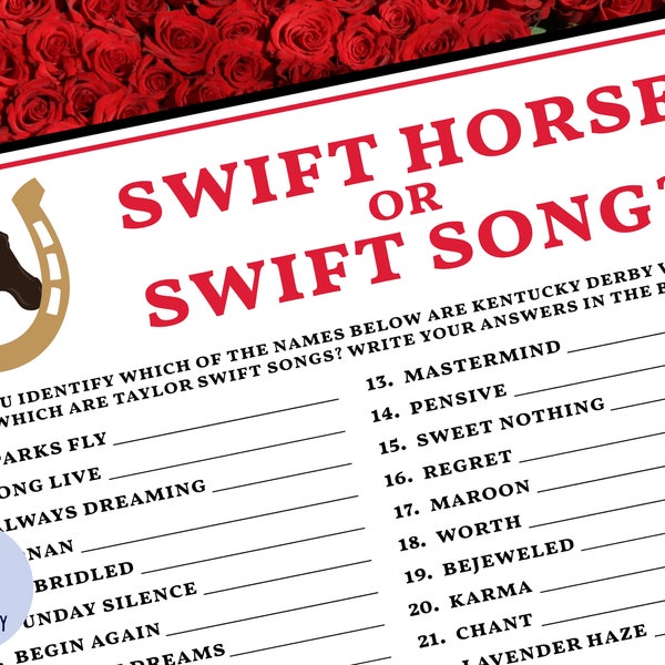 Derby Game | Swift Horse or Swift Song? | Kentucky Derby Party | Run for the Roses | Night at the Races | Trivia | Derby Theme | Printable