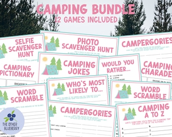 May include: A set of 12 printable camping games for a group of friends. The games include: Selfie Scavenger Hunt, Photo Scavenger Hunt, Camping Pictionary, Word Scramble, Camping Jokes, Who's Most Likely To, Campergories, Would You Rather, Camping Charades, and Camping A to Z.
