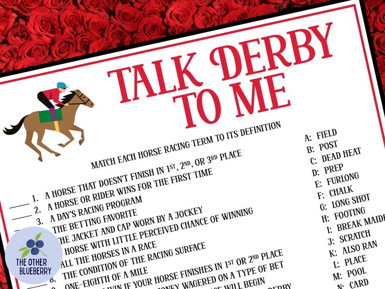 K&ouml;nnte beinhalten: Eine druckbare Spielkarte mit rotem und wei&szlig;em Hintergrund. Die Karte zeigt ein Cartoon-Pferd und einen Jockey. Der Text auf der Karte lautet "Talk Derby To Me" und enth&auml;lt eine Liste von Pferderennbegriffen und deren Definitionen.