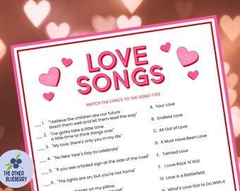 Valentijnsdagspel | Spel liefdesliedjes | Muziek uit de jaren 80 | Spel voor het matchen van nummers | Galentine's Day-spel | Jaren 80-feest | Afdrukbaar