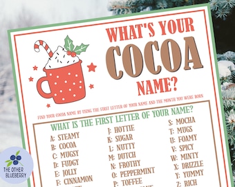 What's Your Cocoa Name Game with Name Tags & Sign | Hot Cocoa Bar | Hot Chocolate Bar | Christmas Party Game | Winter Party | Printable