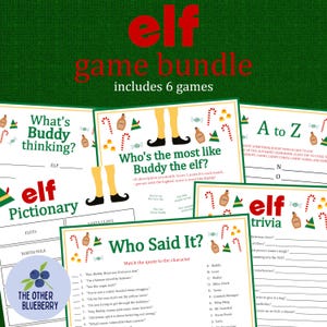 May include: A set of six printable Elf-themed games for a Christmas party. The games include "What's Buddy Thinking?", "Elf Pictionary", "Who's the Most Like Buddy the Elf?", "Who Said It?", "Elf Trivia", and "A to Z".