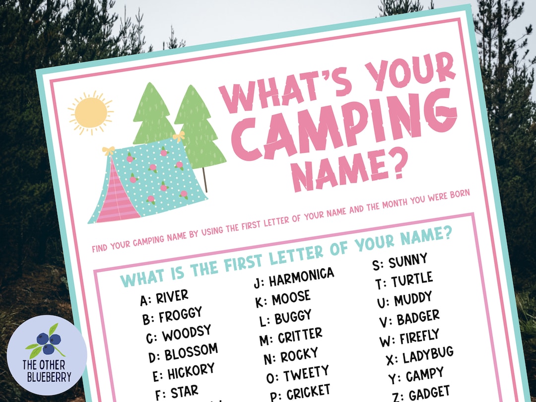 What's Your Camping Name Game With Name Tags & Sign Camping Party Game Girl Birthday Glamping
