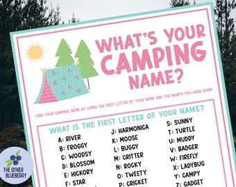 What's Your Camping Name Game with Name Tags & Sign | Camping Party Game | Girl Birthday | Glamping | Camping Birthday Game | Printable