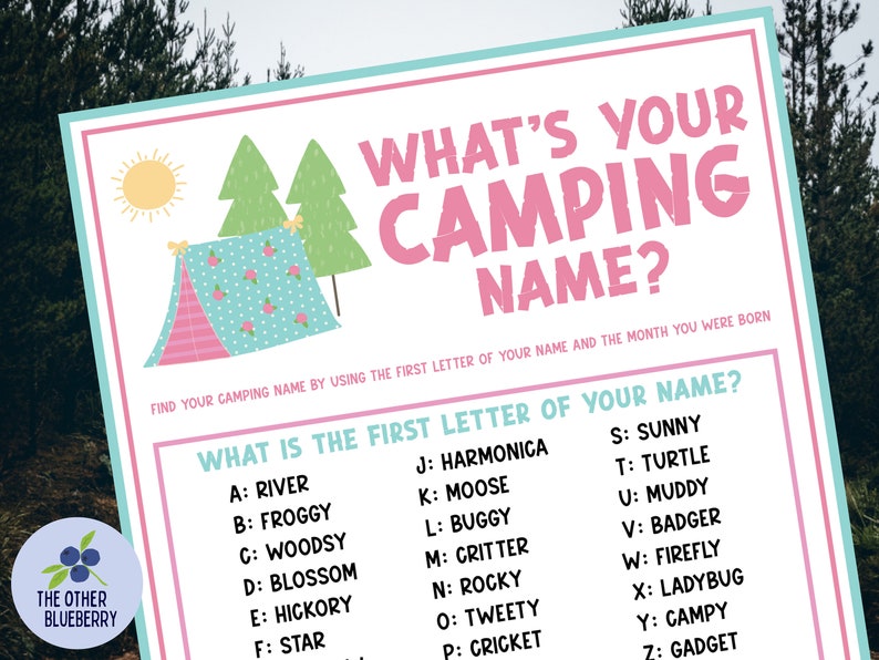 What's Your Camping Name Game With Name Tags & Sign Camping Party Game