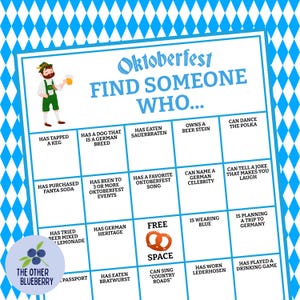 May include: Oktoberfest-themed bingo game with a blue and white diamond pattern background. The game board features various prompts like "Has eaten Sauerbraten" and "Can dance the Polka." A cartoon figure in traditional German attire is holding a beer stein.