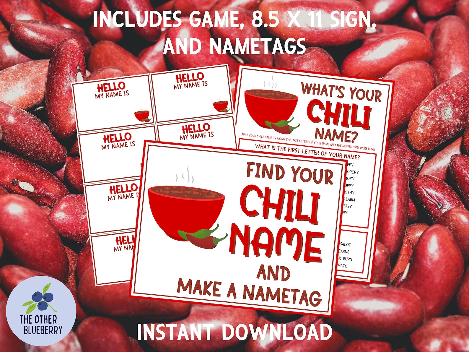 What's Your Chili Name Party Game With Nametags & Sign Chili Cookoff