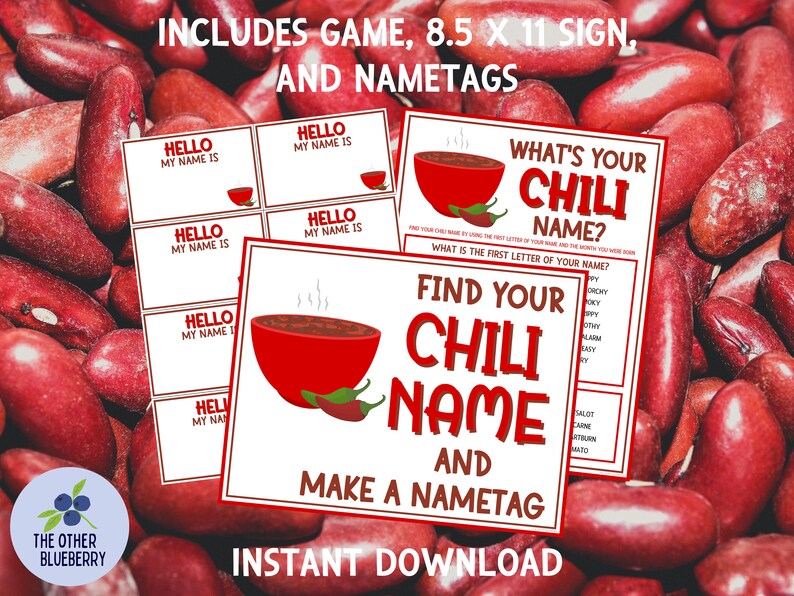 What's Your Chili Name Party Game With Nametags & Sign Chili Cookoff