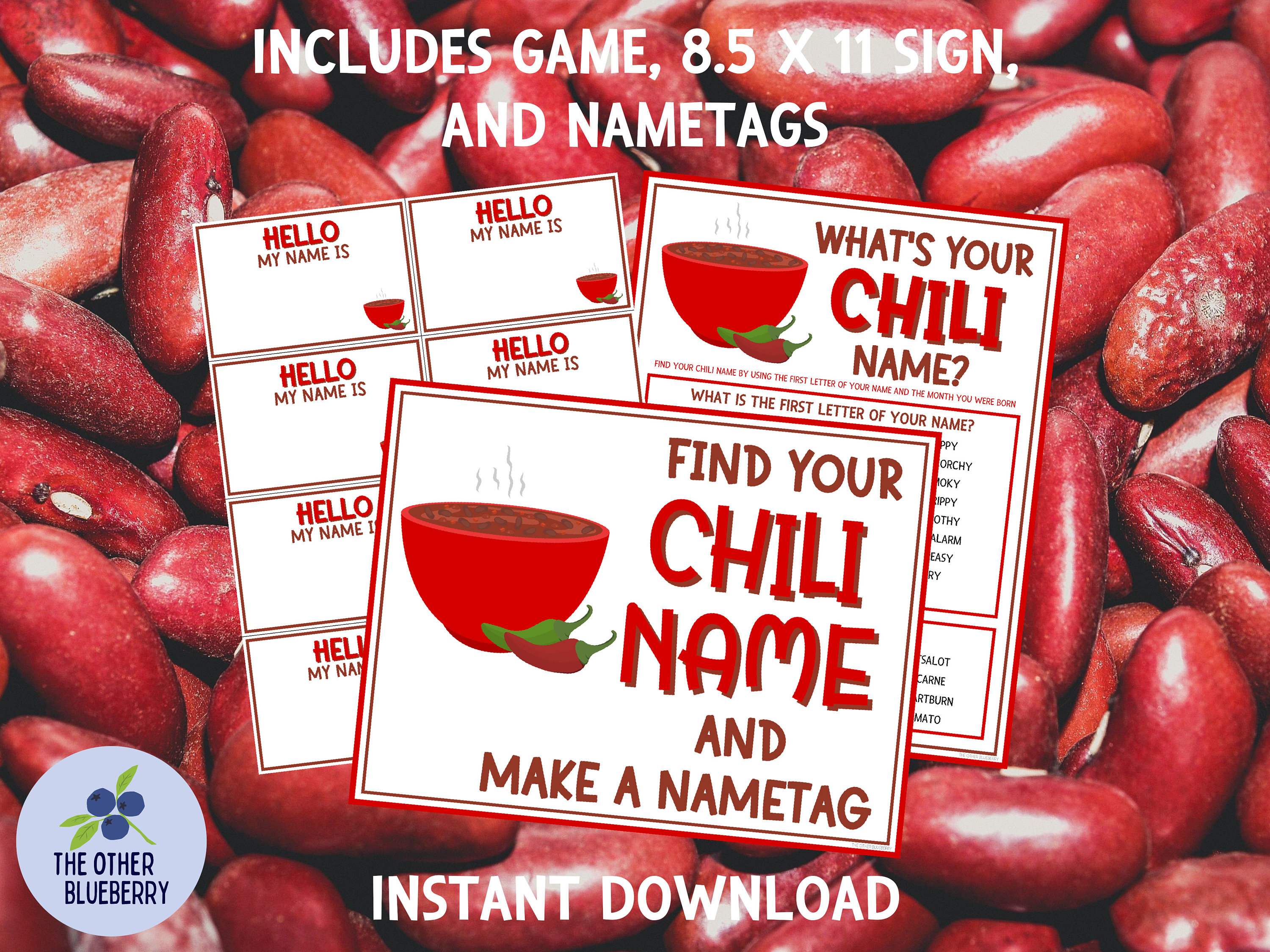 What's Your Chili Name Party Game With Nametags & Sign Chili Cookoff