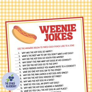 May include: A printable game sheet titled WEENIE JOKES featuring a hot dog illustration and a numbered list of thirteen jokes to match with punch lines. The document has a white background with a red and yellow border and a small circular logo.