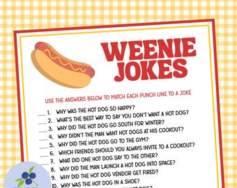 May include: A printable game sheet titled WEENIE JOKES featuring a hot dog illustration and a numbered list of thirteen jokes to match with punch lines. The document has a white background with a red and yellow border and a small circular logo.