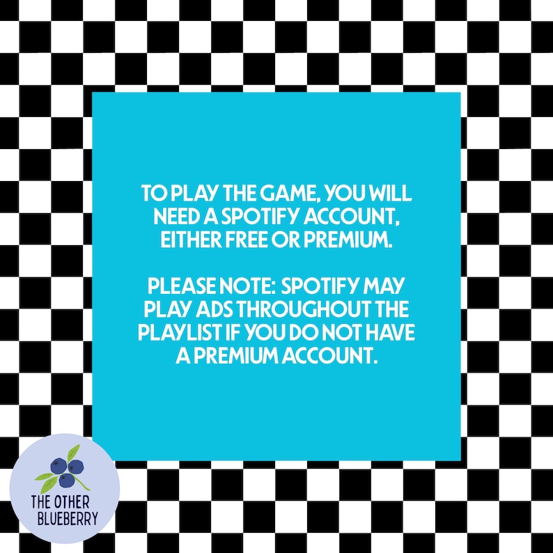 May include: A square image with a black and white checkered pattern background. A light blue square in the center contains white text about Spotify accounts. A circular logo with blueberries and the text "THE OTHER BLUEBERRY" is in the lower left corner.