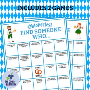May include: Two Oktoberfest-themed bingo game sheets with a blue and white diamond pattern border. The game cards feature illustrations of people in traditional German attire and phrases like "Has tapped a keg" and "Can dance the polka."