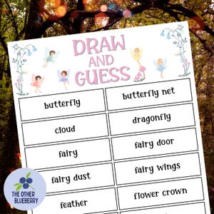 May include: A white paper game titled "DRAW AND GUESS" with pink lettering and illustrations of fairies. The game includes words like "butterfly," "fairy dust," and "flower crown."