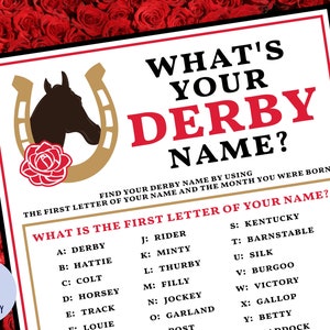 What&#39;s Your Derby Name Party Game with Nametags & Sign | Kentucky Derby Game | Icebreaker | Run For The Roses | Derby Party | Printable