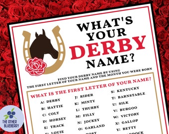 Was ist Ihr Derby Name Party-Spiel mit Nametags & Schild | Kentucky Derby Spiel | Eisbrecher | Run For The Roses | Derby Party | Druckbar