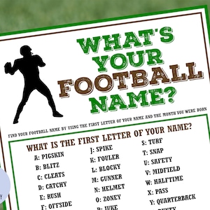 What&#39;s Your Football Name Game with Nametags & Sign | Super Bowl Party Game | Football Birthday Party Activity | Tailgating |  Printable