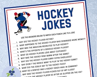 May include: A printable hockey-themed game with a red, white and blue colour scheme. The game is a matching game where players match punch lines to jokes. The game features a cartoon hockey player skating with a puck. The text on the game reads "Hockey Jokes".