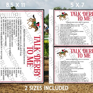 K&ouml;nnte beinhalten: Zwei druckbare Spielkarten mit einem Pferderenn-Thema. Die Karten sind mit "Talk Derby To Me" betitelt und zeigen ein Pferd und einen Jockey. Die Karten enthalten eine Liste von Pferderennbegriffen und deren Definitionen.
