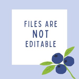 May include: A square graphic with the text "FILES ARE NOT EDITABLE" in navy blue. The background is a light blue. A sprig of blueberries with green leaves is in the lower right corner.
