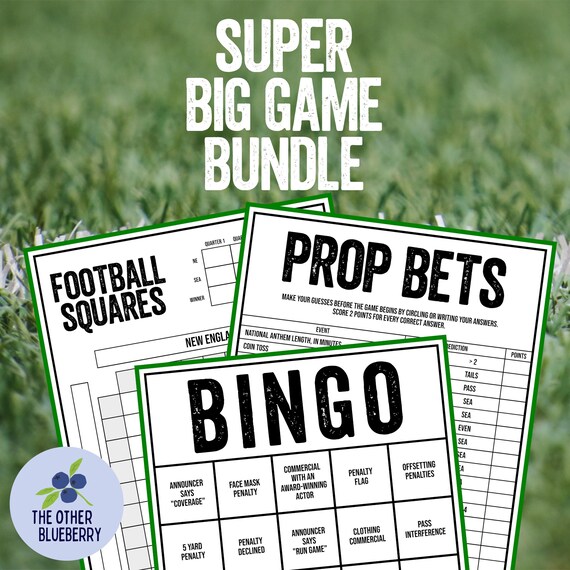 Football Games | Big Game Bundle | 3 INK-FRIENDLY, Super Fun, Easy to Print Games: Football Squares, Prop Bets, & 40 Bingo Cards | Printable