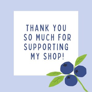 K&ouml;nnte beinhalten: Eine wei&szlig;e Karte mit dem Text "Vielen Dank f&uuml;r die Unterst&uuml;tzung meines Shops!" auf hellblauem Hintergrund mit einer Gruppe blauer Heidelbeeren und gr&uuml;nen Bl&auml;ttern.