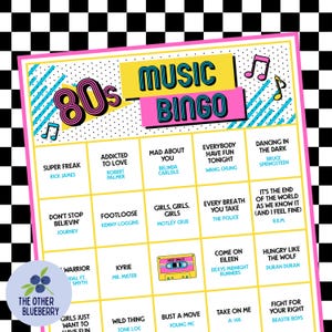 May include: A colorful 80s-themed music bingo game card. The design features a pink and yellow banner with the words "MUSIC BINGO" and "80s". The bingo card includes song titles and artist names, with a cassette tape graphic.