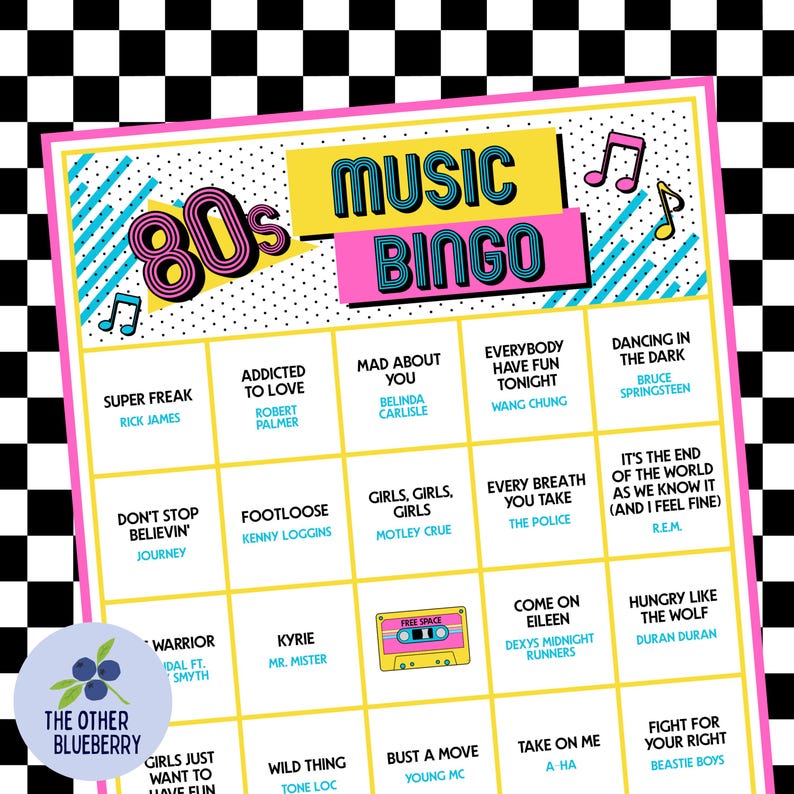 May include: A colorful 80s-themed music bingo game card. The design features a pink and yellow banner with the words "MUSIC BINGO" and "80s". The bingo card includes song titles and artist names, with a cassette tape graphic.