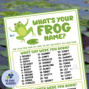 What&#39;s Your Frog Name Game with Name Tags & Sign | Frog Party Game | Leap Day Activity | Hoppy Birthday | Shower | Frog Princess | Printable