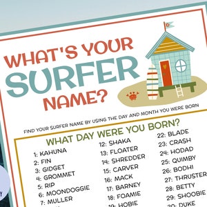 What&#39;s Your Surfer Name Game with Name Tags & Sign | Beach Party Game | Surfing Party | Birthday Party Activity | Baby on Board | Printable