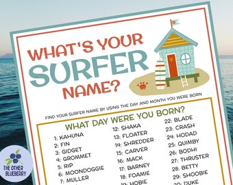 What's Your Surfer Name Game with Name Tags & Sign | Beach Party Game | Surfing Party | Birthday Party Activity | Baby on Board | Printable