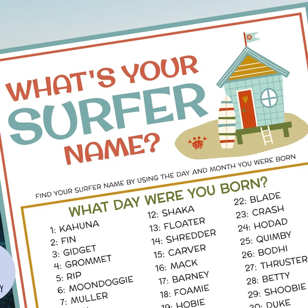 What's Your Surfer Name Game with Name Tags & Sign | Beach Party Game | Surfing Party | Birthday Party Activity | Baby on Board | Printable