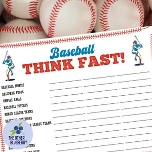 Baseball Game | Think Fast | Name 3 | Baseball Party Game | Baseball Birthday Activity | Baseball Theme | Baseball Team Party | Printable