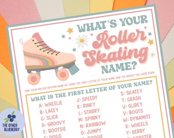 Puede incluir: Un generador de nombres de patinaje sobre ruedas imprimible con un patín de ruedas rosa con ruedas de arcoíris. El texto dice "¿Cuál es tu nombre de patinaje sobre ruedas?" y "Encuentra tu nombre de patinaje sobre ruedas usando la primera letra de tu nombre y el mes en que naciste." El texto también dice "¿Cuál es la primera letra de tu nombre?" y enumera las letras A a la Z con un nombre de patinaje sobre ruedas para cada letra.