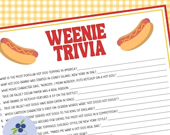 May include: A rectangular trivia game sheet titled WEENIE TRIVIA in red text, featuring illustrations of two hot dogs and thirteen numbered questions with blank lines for answers, set against a yellow and white checkered background pattern.